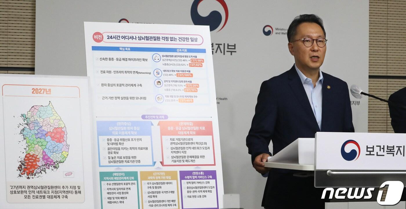 본문 이미지 - 박민수 보건복지부 제2차관이 31일 오전 세종시 정부세종청사에서 제2차 심뇌혈관질환관리 종합계획을 발표하고 있다. 보건복지부는 환자 관점에서 수요를 충족하고, 의료현장의 중증·응급 대응 문제를 해결하는 데 중점을 두어 2차 계획에 중점을 두고, 5개의 추진전략과 15개의 주요 과제를 마련 했다고 밝혔다. 2023.7.31/뉴스1 ⓒ News1 김기남 기자