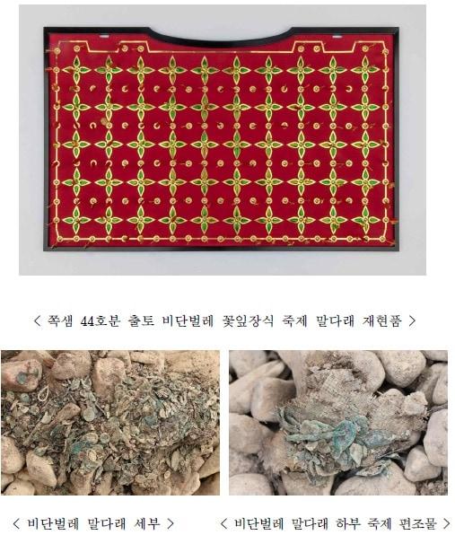 본문 이미지 - 경주 쪽샘 44호분에서 비단벌레 꽃잎장식 직물 말다래가 처음으로 확인됐다. &#40;문화재청 제공&#41; 