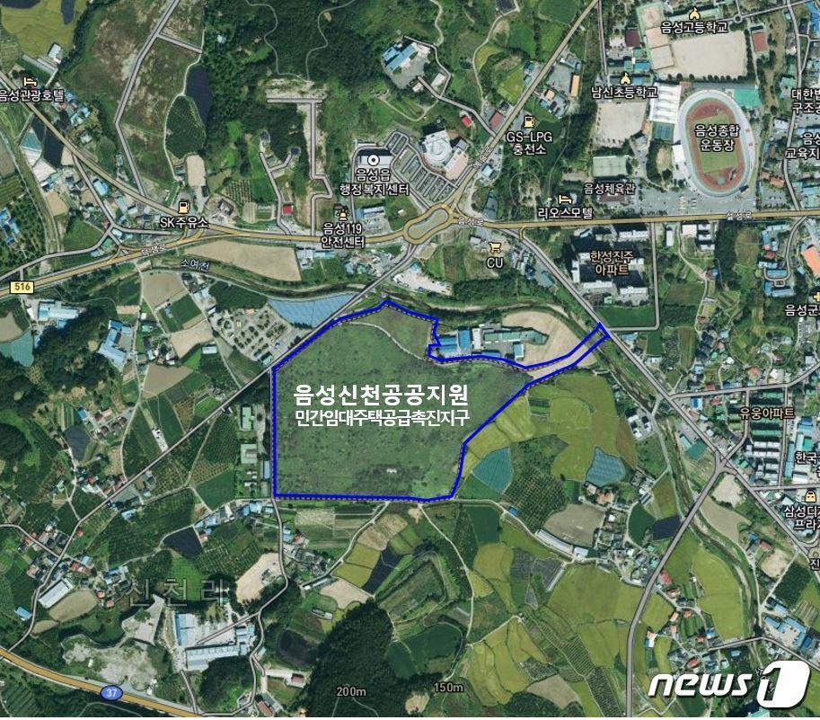본문 이미지 -  7일 충북 음성군이 음성읍과 생극면의 주거 공간 확보에 속도를 내고 있다고 밝혔다. 사진은 음성신천 공공지원 민간임대주택 사업 구역도.(음성군 제공)2023.7.7/뉴스1