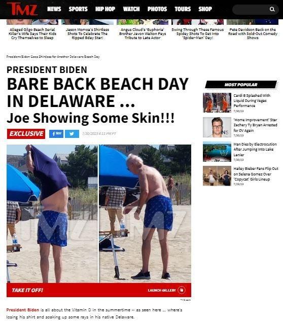 본문 이미지 - 30일(현지시간) 조 바이든 미국 대통령이 델라웨어주 러호버스 해변에서 상의를 탈의한 채 여름휴가를 즐기는 모습이 포착됐다. (TMZ 갈무리). 2023.07.30/
