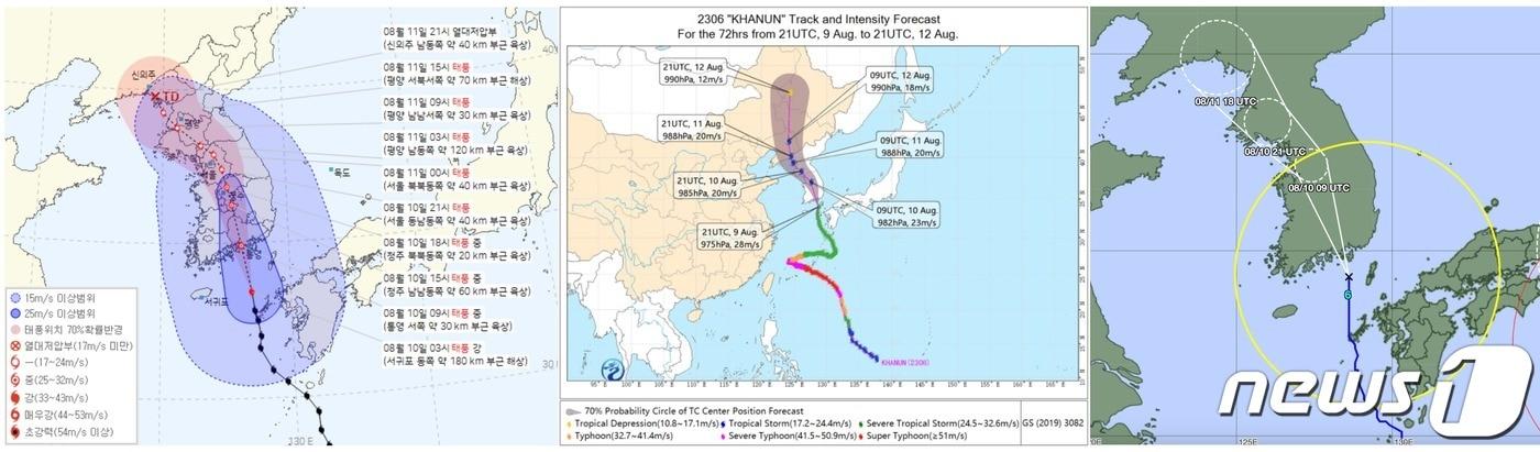 본문 이미지 - 10일 오전 기준 한국 기상청(KMA, 왼쪽부터)과 중국 기상국, 일본 기상청의 제6호 태풍 카눈 예상 이동 진로. 중국과 일본 기상 당국은 서울을 태풍 위험반원(태풍 오른쪽 반원)에 포함시켰다. ⓒ 뉴스1