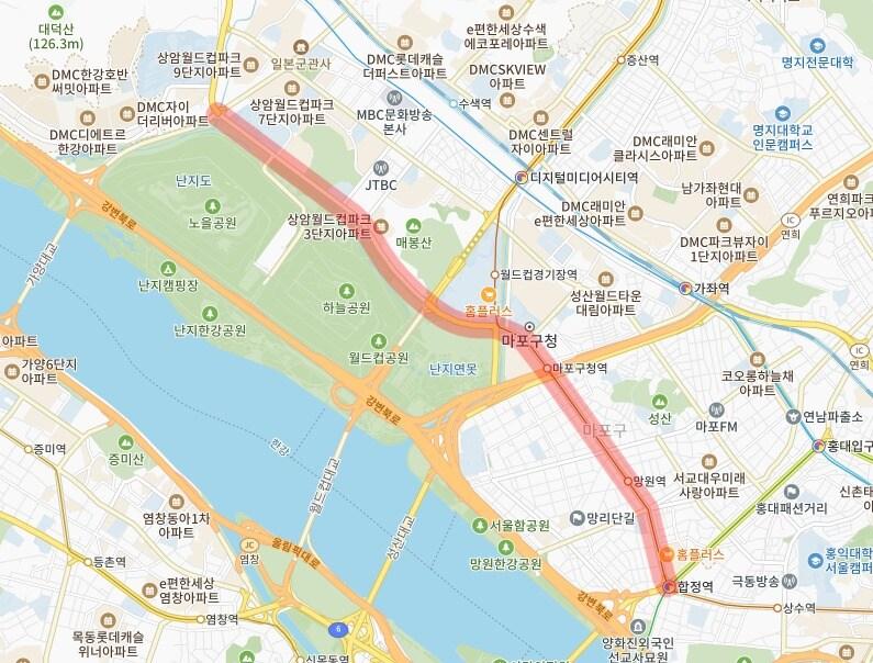 본문 이미지 - 11일 서울 마포구 월드컵로 일대 정체 구간(서울시 교통정보센터 제공)