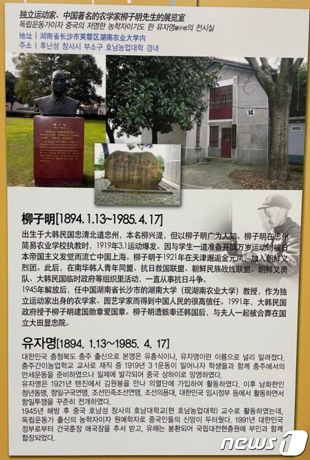 본문 이미지 -  광복절인 15일 충북 충주시가 류자명 선생 선양사업에 뒷짐을 지고 있다는 비판이 나왔다. 사진은 중국 후난성 창사시 후난농업대학 내 류자명 선생 전시실 설명글.(독자 제공)2023.8.15/뉴스1 