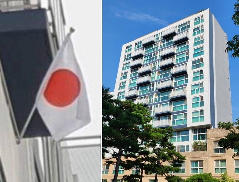 본문 이미지 - 왼쪽은 지난 3.1절 세종시 한솔동 첫마을아파트에 내걸린 일장기. 오른쪽은 15일 오전 모습. (안신일 의원 제공) / 뉴스1  