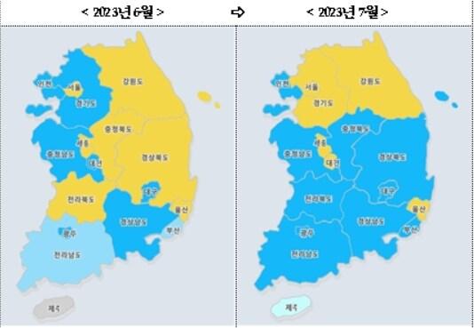 본문 이미지 - 7월 전국 주택매매시장 소비심리지수. 인포그래픽의 파란색은 보합, 노란색은 상승을 나타낸다.