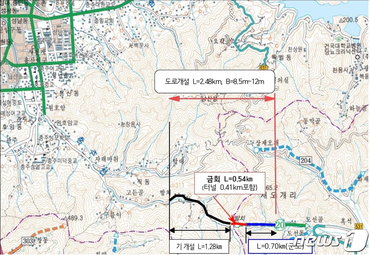  17일 충북 충주시는 직동 발티마을과 살미면 재오개리를 연결하는 직동터널을 2024년 6월 개통한다고 밝혔다. 사진은 노선도.(충주시 제공)2023.8.17/뉴스1