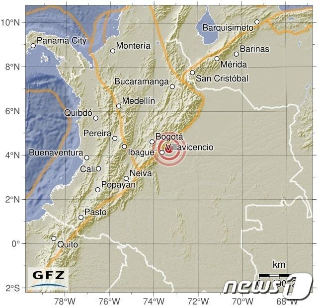 본문 이미지 - 17일(현지시간) 콜롬비아 수도 보고타 인근서 규모 6.0 지진이 발생했다. 2023.08.18/뉴스1(GFZ 홈페이지 갈무리)
