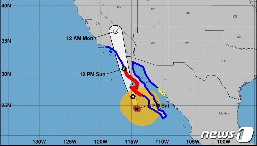 본문 이미지 - 19일(현지시간) 미국 해양대기청(NOAA)이 밝힌 허리케인 '힐러리'의 경로. 2023.08.19/뉴스1(NOAA 홈페이지 갈무리)