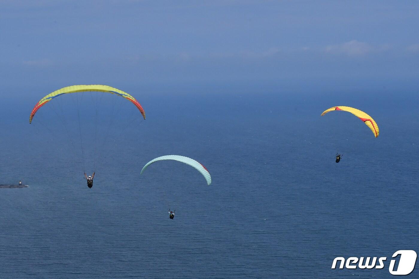 본문 이미지 - 20일 경북 포항시 북구 흥해읍 곤륜산에서 포항시패러글라이딩협회원들이 전국에서 온 회원들과 함께 비행을 하고 있다. 곤륜산은 전국에서 손꼽히는 패러글라이딩 장소로 알려진 곳이다.2023.8.20/뉴스1 ⓒ News1 최창호 기자