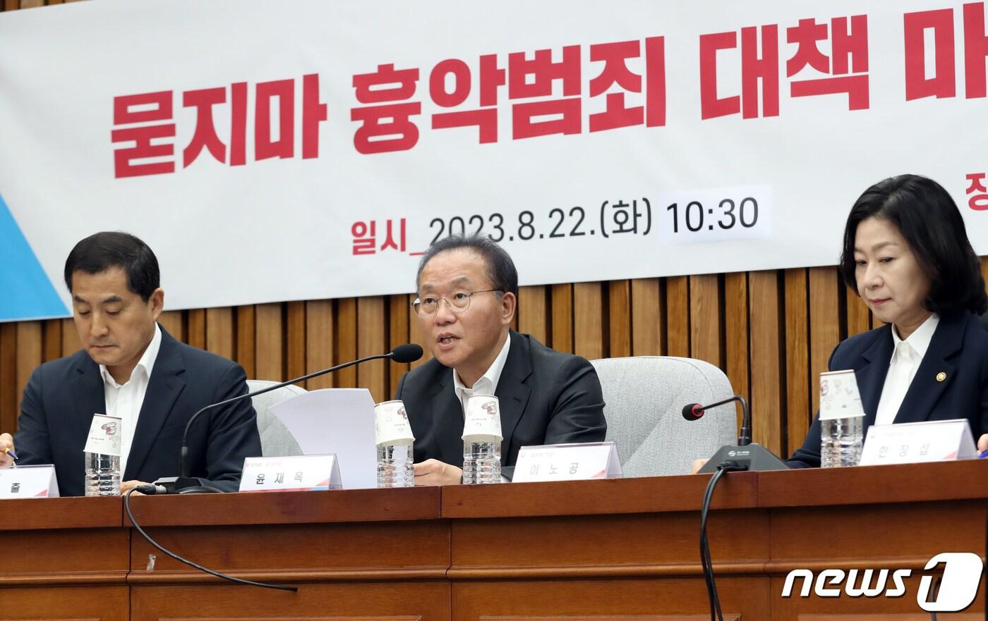 본문 이미지 - 윤재옥 국민의힘 원내대표가 22일 오전 서울 여의도 국회에서 열린 '묻지마 흉악범죄 대책 마련' 당정협의회에서 발언을 하고 있다. 2023.8.22/뉴스1 ⓒ News1 송원영 기자