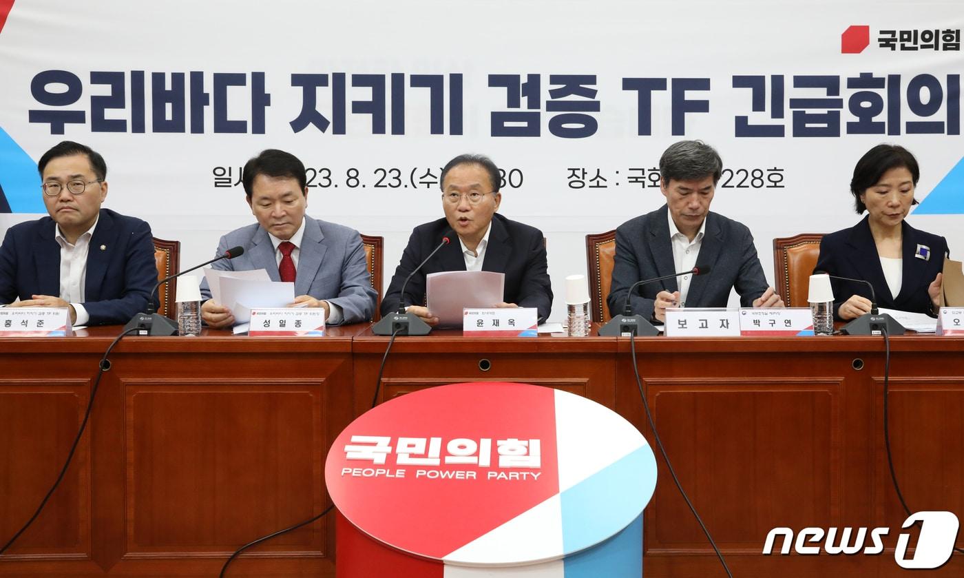 본문 이미지 - 윤재옥 국민의힘 원내대표가 23일 오전 서울 여의도 국회에서 열린 우리바다 지키기 검증 TF 긴급회의에서 발언을 하고 있다. 2023.8.23/뉴스1 ⓒ News1 송원영 기자