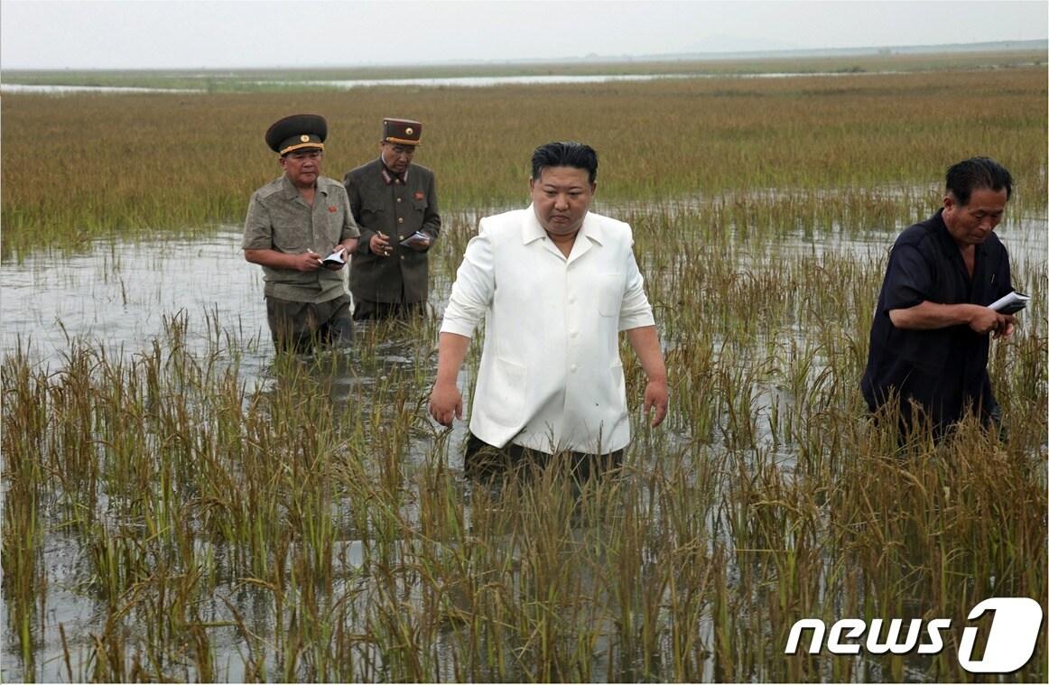 본문 이미지 - (평양 노동신문=뉴스1) = 김정은 총비서가 지난 21일 평안남도간석지 건설종합기업소 안석간석지 피해복구 현장을 현지지도하는 모습.[국내에서만 사용가능. 재배포 금지. DB 금지. For Use Only in the Republic of Korea. Redistribution Prohibited] rodongphoto@news1.kr