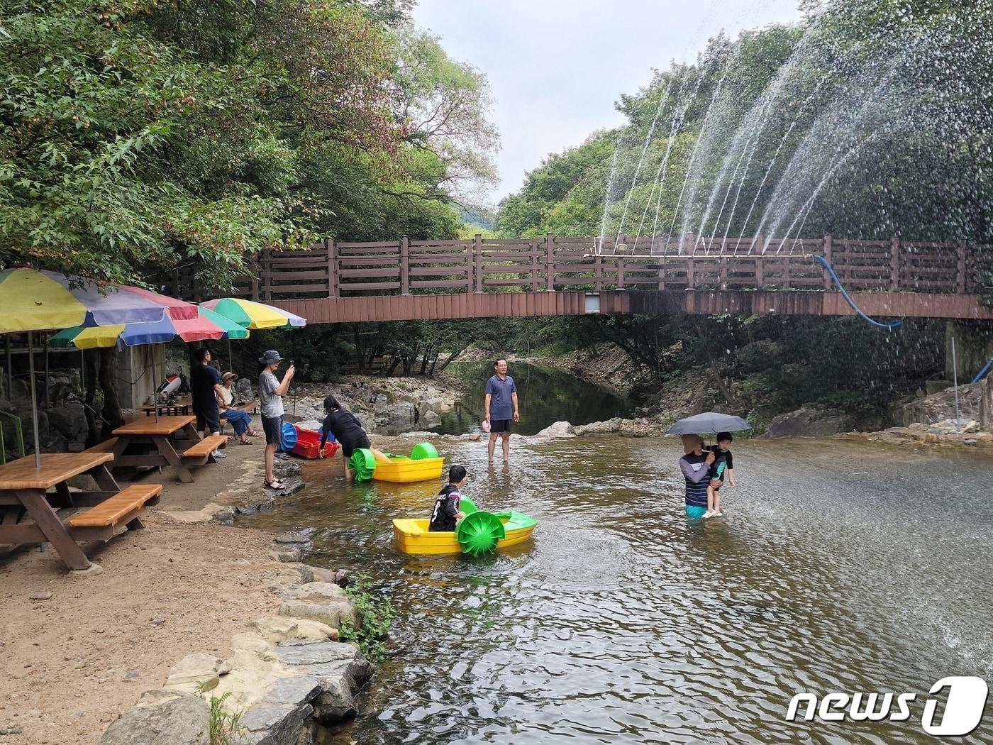 본문 이미지 - 8월 마지막 주말 충남 서산 용현계곡을 찾은 가족단위 나들이객들이 주말을 만끽하고 있다./뉴스1 김태완 기자