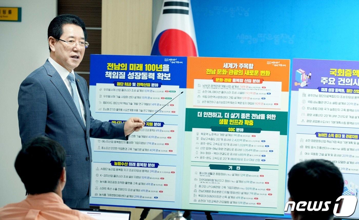 본문 이미지 - 김영록 전라남도지사가 지난 8월29일 도청 브리핑룸에서 '2024년 국고 건의 정부예산' 반영 성과 관련 언론 브리핑을 하고 있다.(전남도 제공) 