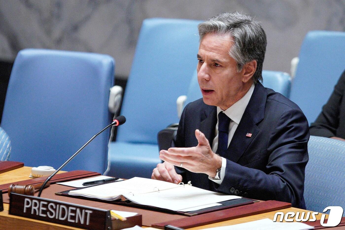 3일(현지시간) 미국 뉴욕 유엔 본부에서 토니 블링컨 미 국무장관이 의장을 맡아 식량 안보 회의를 주재하고 있다. 2023.08.03/ ⓒ 로이터=뉴스1 ⓒ News1 권진영 기자