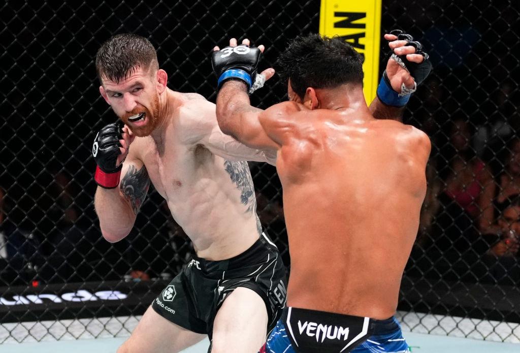 본문 이미지 - UFC 밴텀급 샌드헤이건(왼쪽)이 폰트에게 타격하고 있다.(UFC 제공)