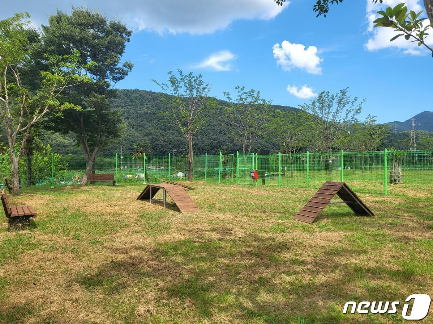 본문 이미지 - 경남 거제시 상동동 용산쉼터에 위치한 반려견 놀이터.(거제시 제공)