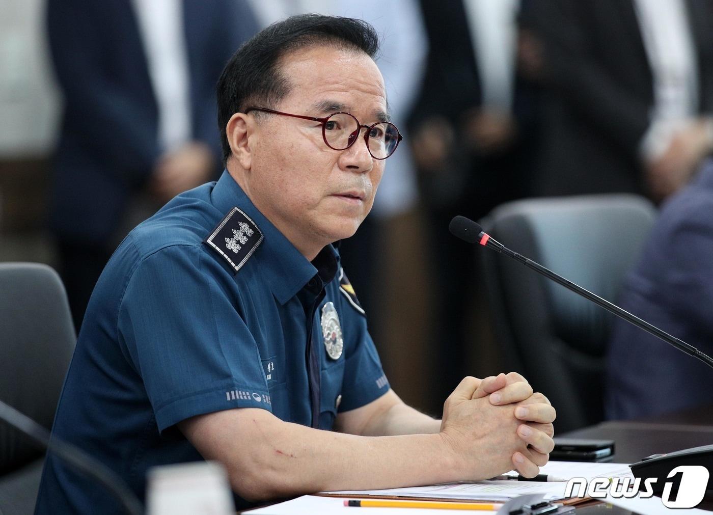 본문 이미지 - 김광호 서울경찰청장이 7일 오후 서울 마포구 서울경찰청 강력범죄수사대에서 열린 '해결사! 김기현이 간다-강력범죄대책 마련 현장방문'에서 발언을 하고 있다. 2023.8.7/뉴스1 ⓒ News1 국회사진취재단