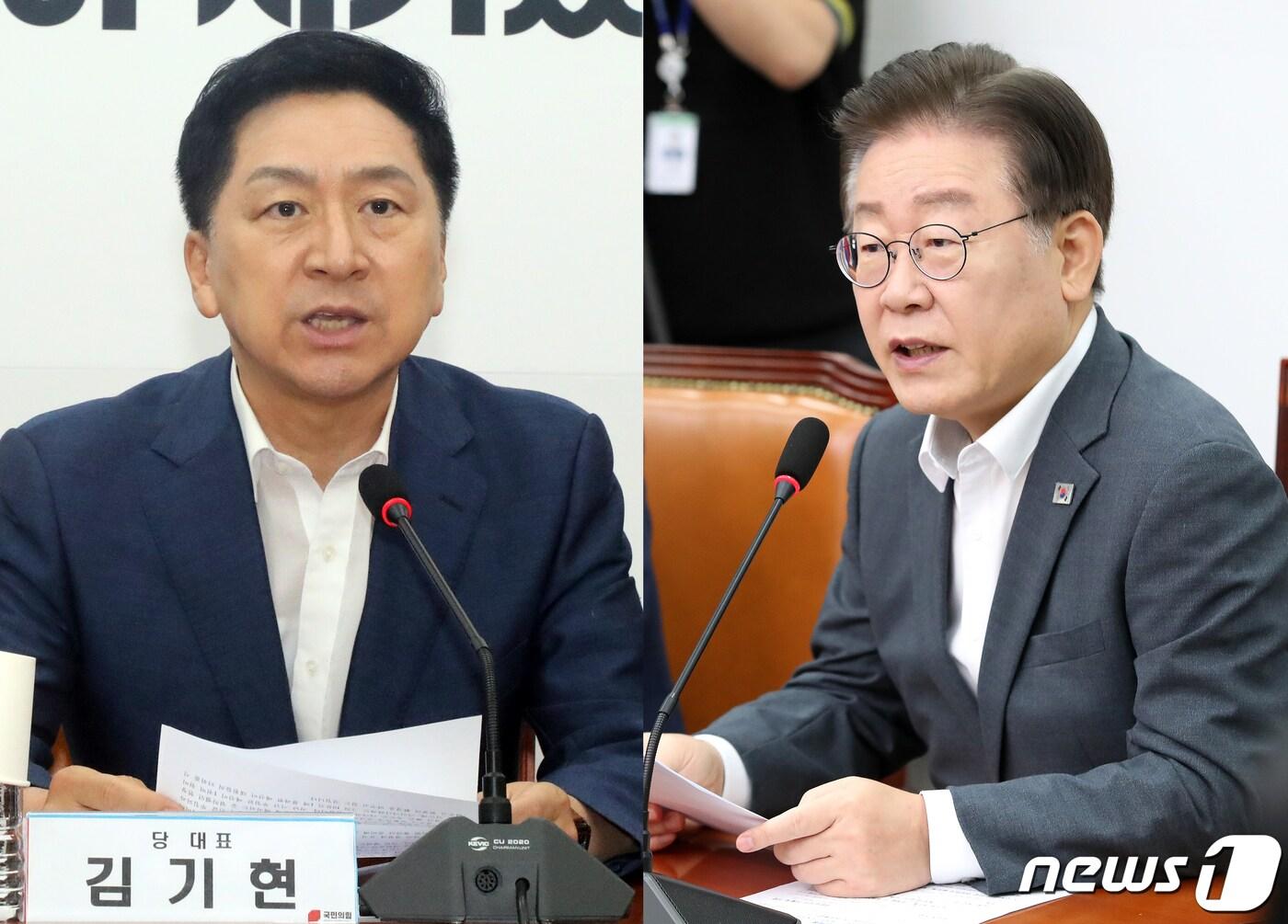 본문 이미지 - 김기현 국민의힘 대표(왼쪽)과 이재명 더불어민주당 대표가 7일 오전 서울 여의도 국회에서 열린 최고위원회의에서 모두발언을 하고 있다. 2023.8.7/뉴스1 ⓒ News1 황기선 기자