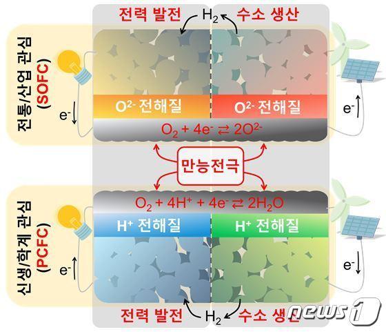 본문 이미지 - 신소재 전극이 적용된 고성능 산소이온 전도성 고체산화물 연료전지(SOFC)와 프로토닉 세라믹 연료전지(PCFC)의 구동 모식도(KAIST 제공)/뉴스1