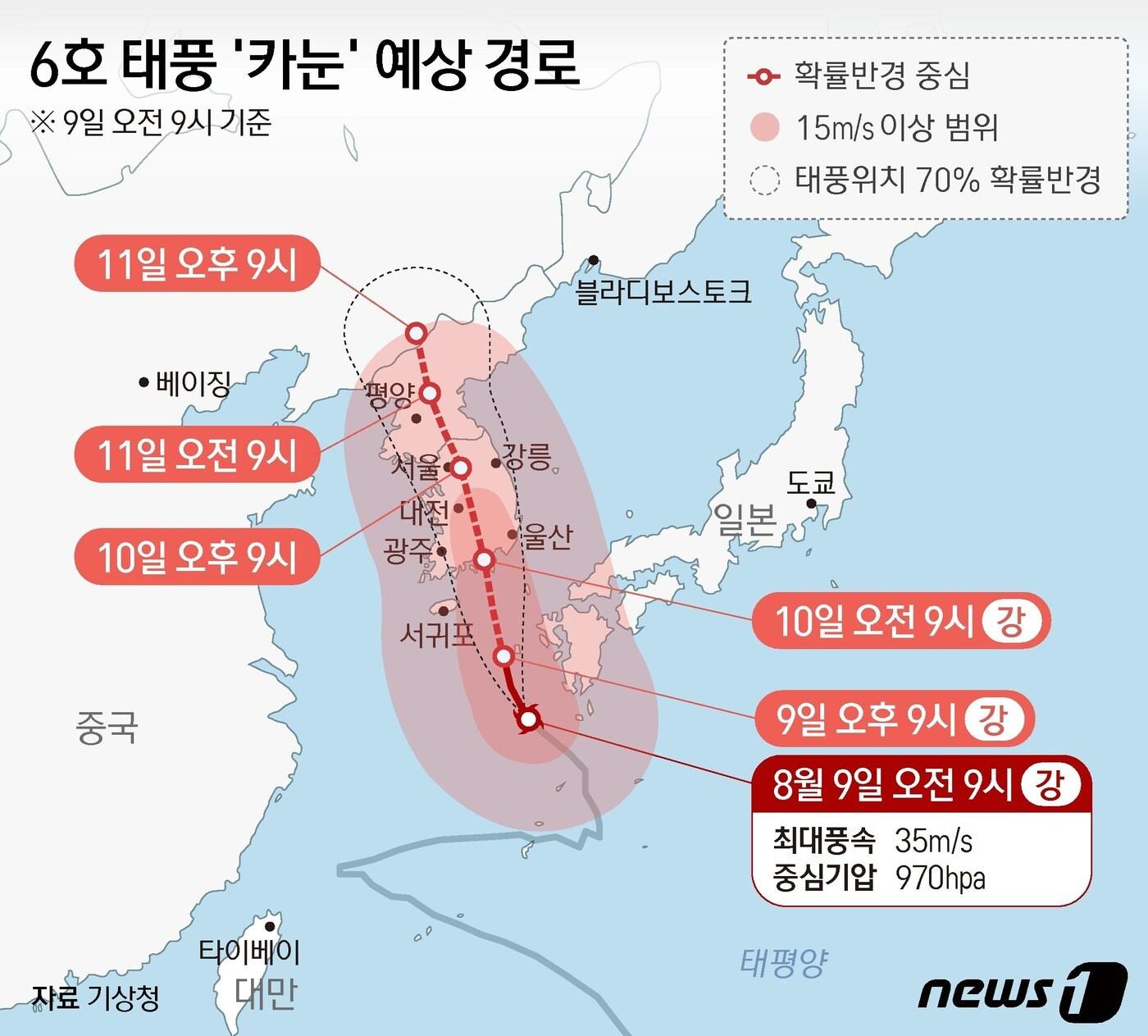 본문 이미지 - 제6호 태풍 카눈이 느린 속도로 북상을 거듭하고 있다. 그림은 카눈 예상 경로. ⓒ News1 양혜림 디자이너