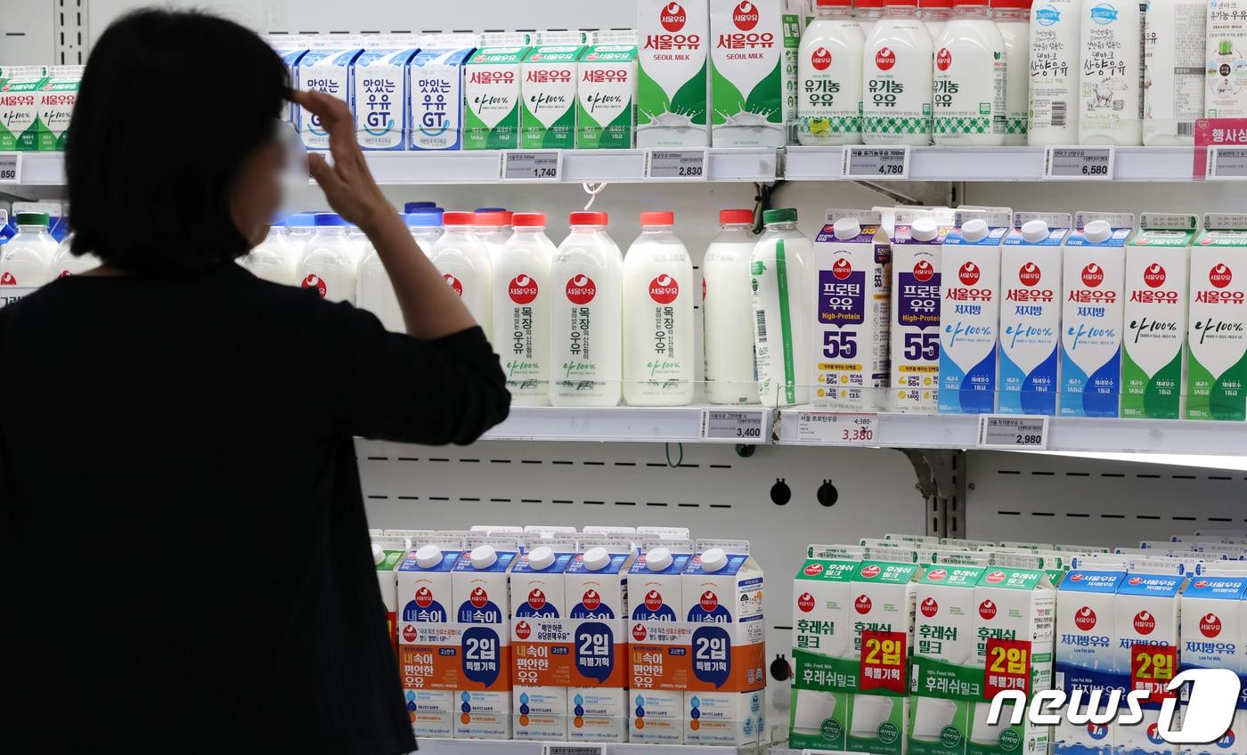 본문 이미지 - 서울의 한 대형마트에서 시민이 우유를 고르고 있다. 2023.9.1/뉴스1 ⓒ News1 김민지 기자