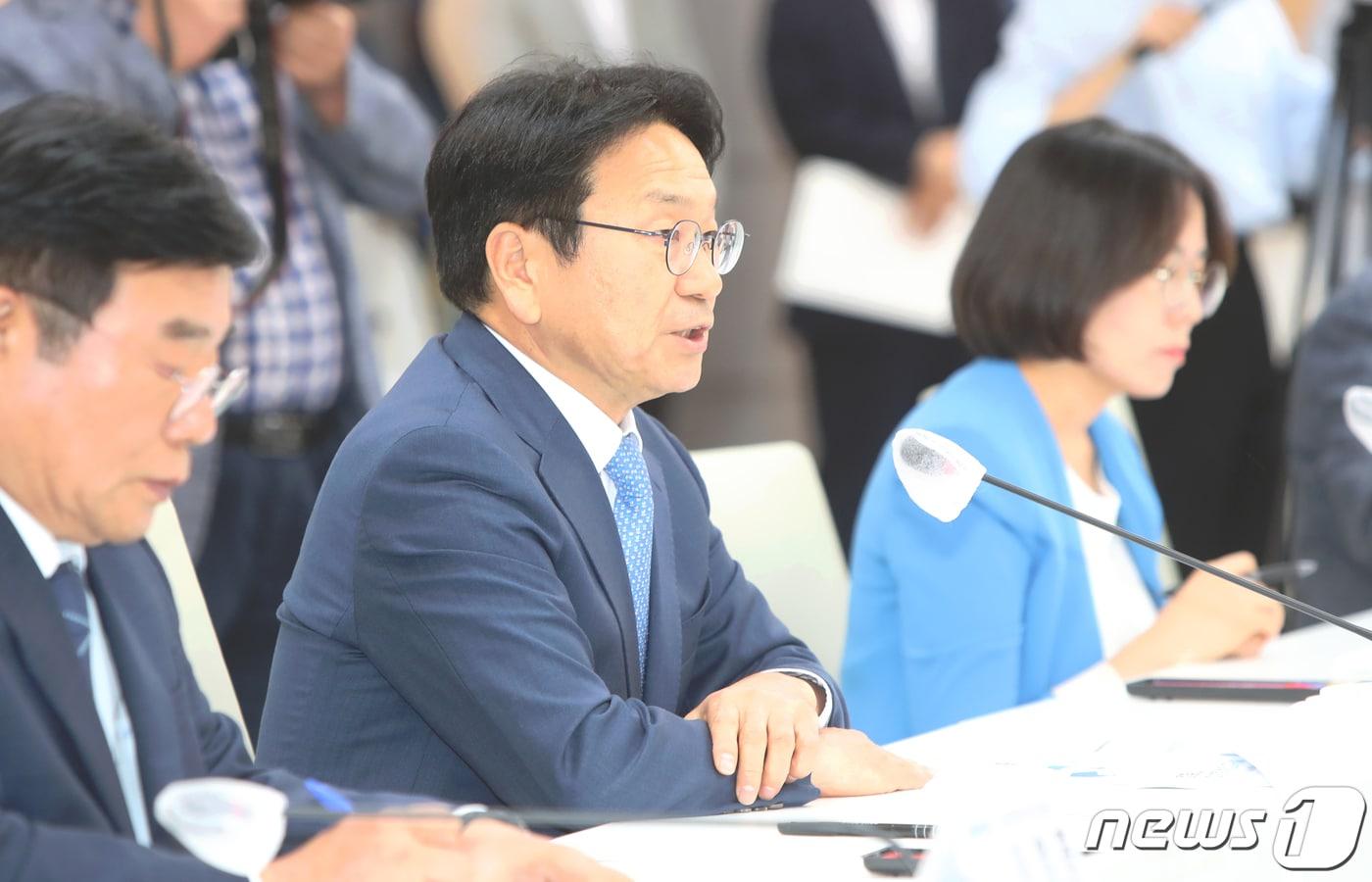 본문 이미지 - 11일 광주광역시청에서 열린 2023더불어민주당 - 광주시 예산정책협의회에서 강기정 광주시장이 인사말을 하고 있다. 2023.9.11/뉴스1 ⓒ News1 김태성 기자