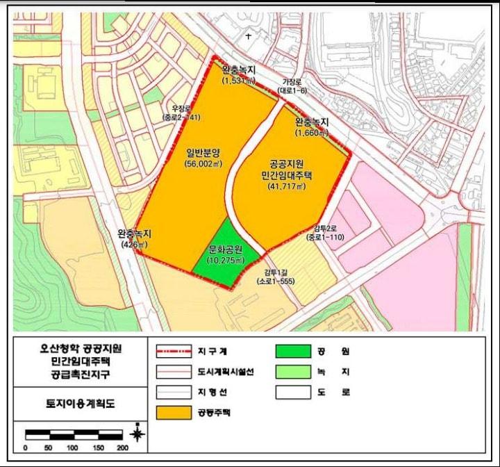 본문 이미지 - 8월25일 경기도도시계획위원회 심의 결과, 공공지원민간임대주택공급을 위해 추진 중인 오산 청학지구(사진 토지이용계획도) 지구지정안이 조건부 의결된 반면 민간에서 추진 중인 청호1지구 용도지역 변경안 및 개발계획안은 재심의 의결을 받은 것으로 나타났다.