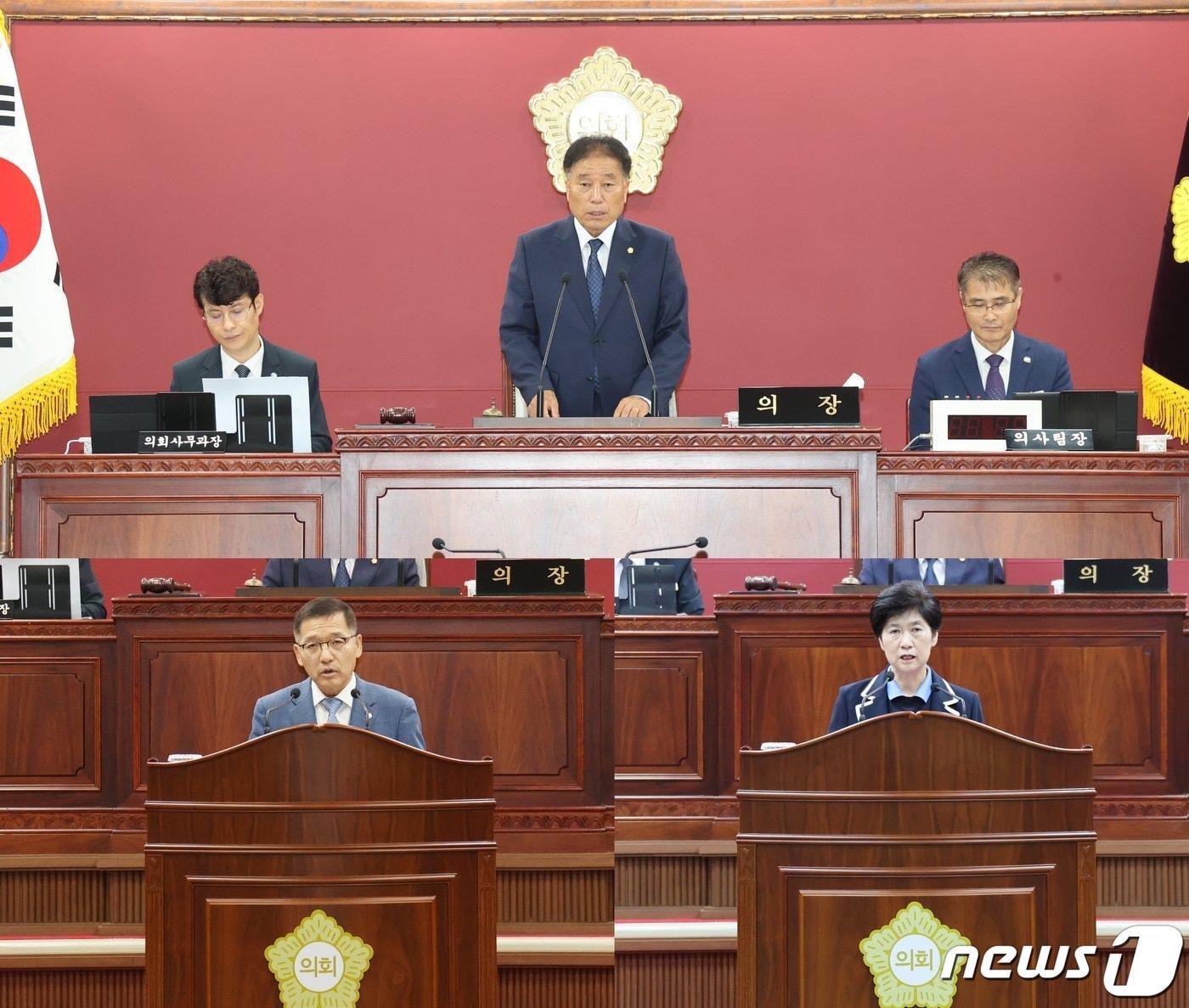 본문 이미지 - 전북 고창군의회 제301회 임시회가 14일 개회해 22일까지 9일간 의사일정에 돌입했다. 이경신 의원(왼쪽 아래)과 이선덕 의원(오른쪽)이 5분 발언과 '새만금잼버리파행 전북 책임전가 규탄 결의안'을 낭독하고 있다.(고창군 의회)2023.9.14/뉴스1