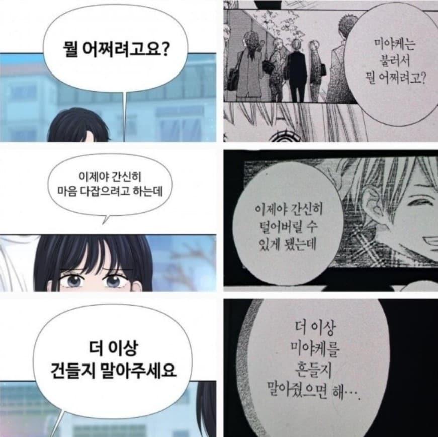 본문 이미지 - 표절 논란이 불거진 네이버웹툰의 '고백 취소도 되나?'(왼쪽)과 '네 곁의 나'(오른쪽)의 장면 (디씨인사이드 한국만화 갤러리 게시글 갈무리)