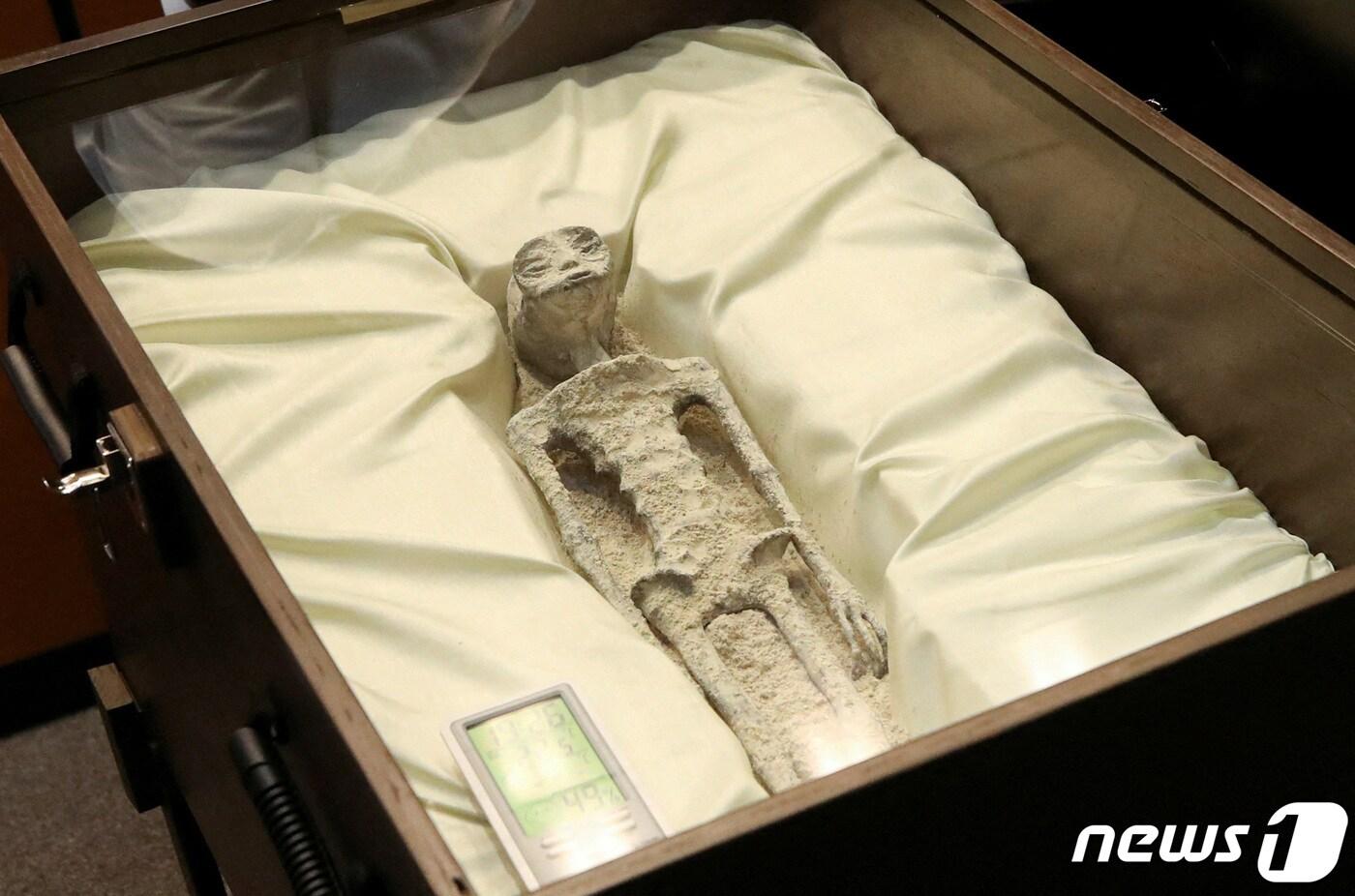 멕시코 의회가 처음으로 14일(현지시간) 미확인비행물체(UFO) 관련 청문회를 수도 멕시코시티의 국회의사당에서 개최한 가운데 자칭 UFO 전문가라는 하이메 마우산(70)이 증인으로 출석해 '외게인 사체'라며 관련된 물체를 공개했다. 2023.9.14. ⓒ 로이터=뉴스1 ⓒ News1 김성식 기자