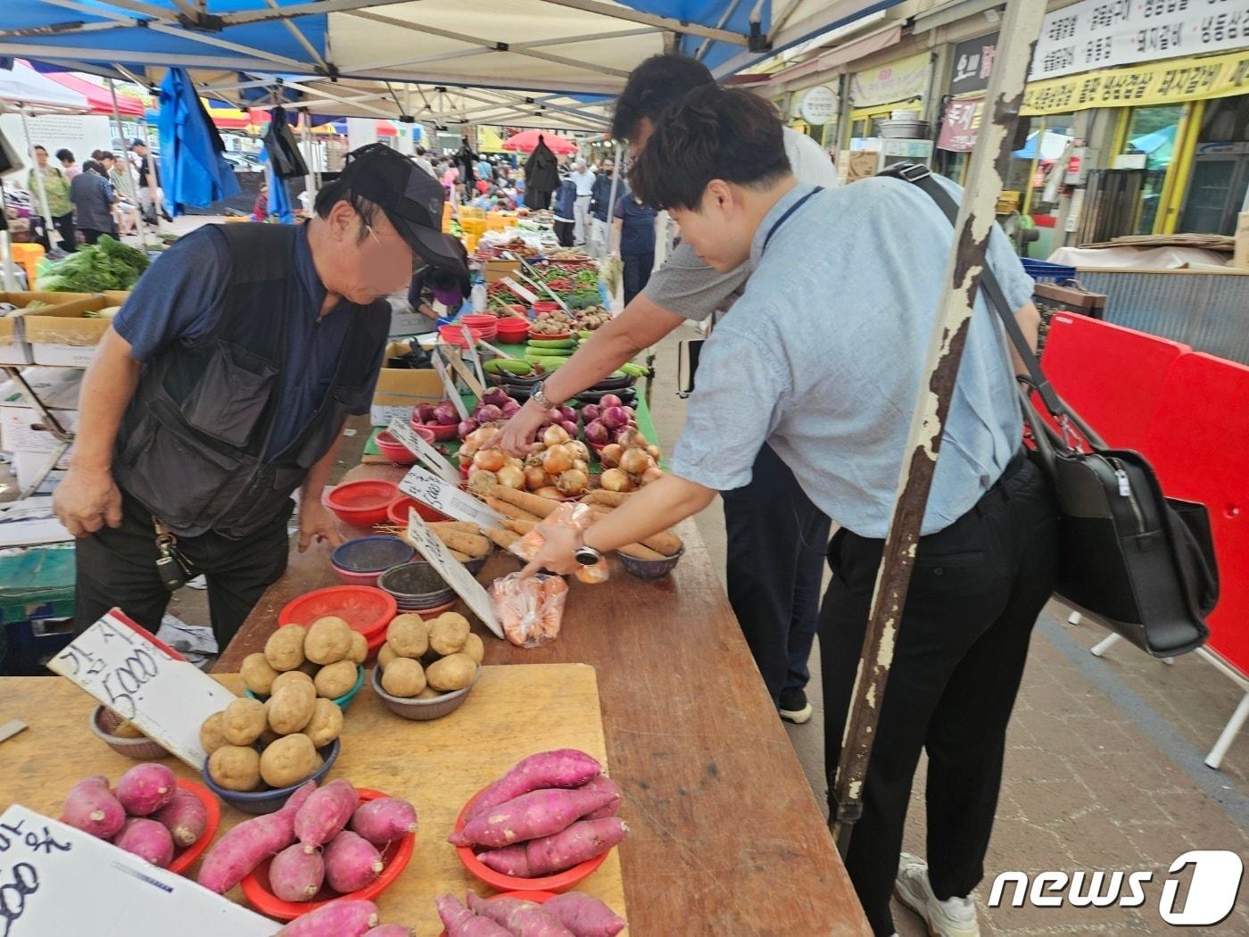 본문 이미지 - 국립농산물품질관리원 강원지원 소속 특별사법경찰 단속반이 최근 춘천 풍물시장에서 원산지 표시 점검을 하고 있다. 2023.9.15 한귀섭 기자