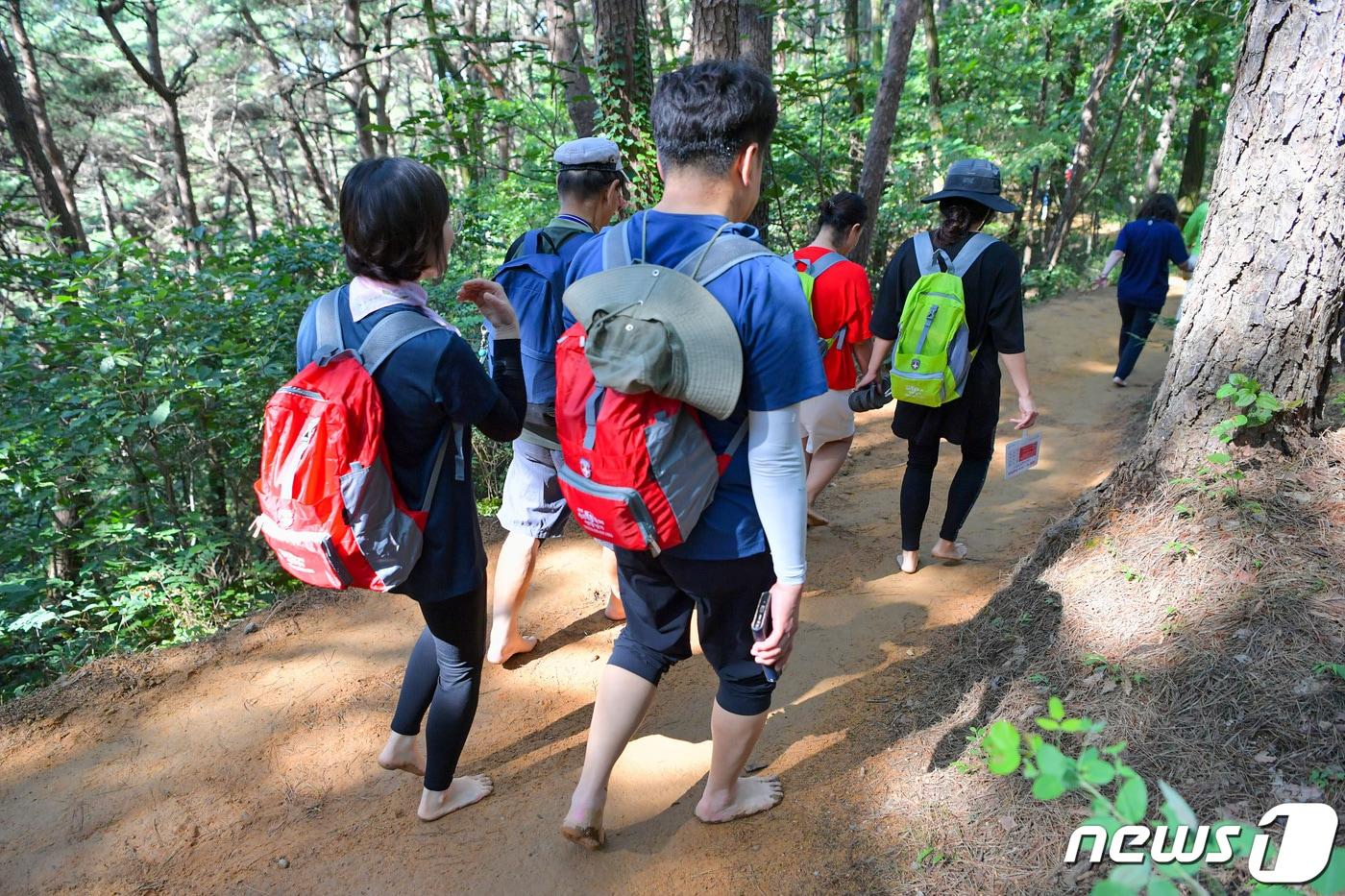 제1회 원주맨발걷기 축제가 2일 강원 원주시 행구동 운곡솔바람숲길 일월에서 열렸다. (원주시 제공) 2023.9.2/뉴스1