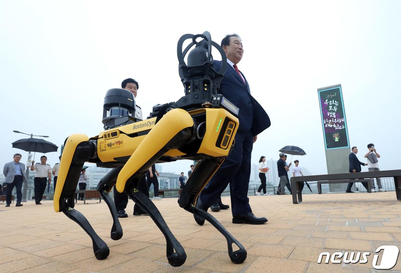 본문 이미지 - 20일 오전 세종시 보람동 이응다리에서 인공지능(AI) 자율주행로봇 ‘스팟(SPOT)’이 본격적인 안전순찰에 앞서 시연을 하고 있다. 세종시는 미국 보스턴다이내믹스사에서 출시한 순찰 로봇을 이응다리에 투입하여 주야 24시간 자율순찰 및 탑재 폐쇄회로텔레비전(CCTV)을 이용해서 인공지능(AI) 기능을 기반으로 사람 쓰러짐, 화재 감지 기능을 수행한다. 2023.9.20/뉴스1 ⓒ News1 김기남 기자