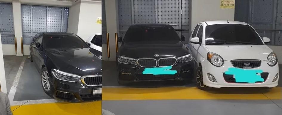 본문 이미지 - BMW 차주의 비매너 주차(왼쪽)에 화가 난 모닝 차주가 차를 바짝 붙여 갖다 댔다. ('한문철 TV' 갈무리)