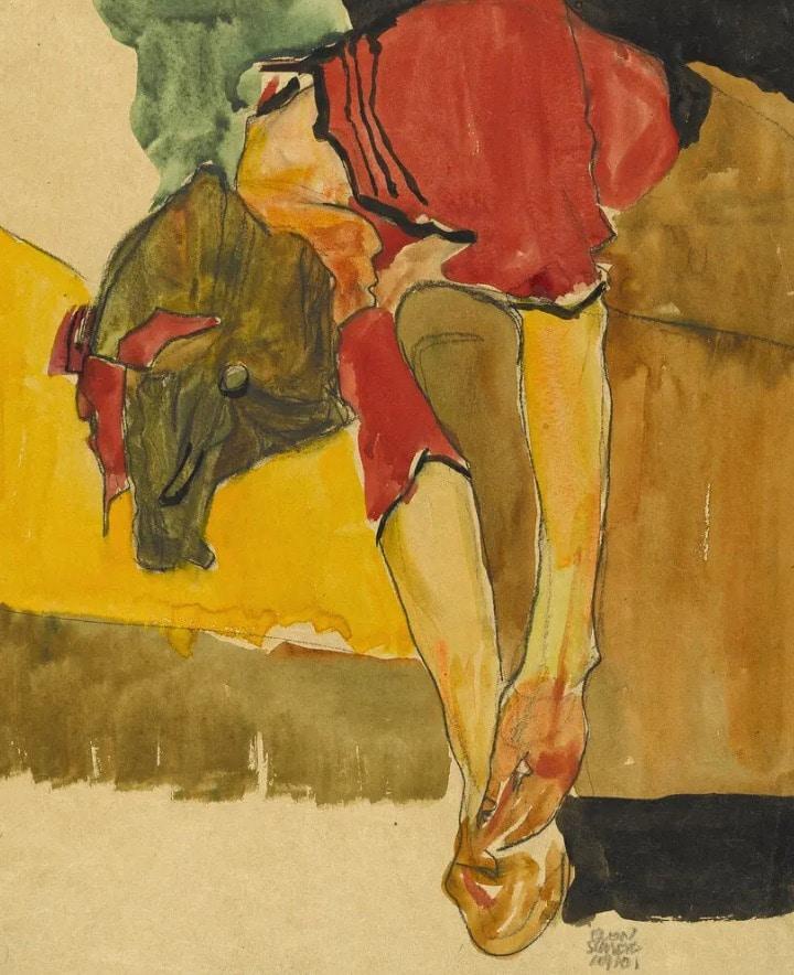 본문 이미지 - 오스트리아 표현주의 화가 에곤 실레의 작품 '구두를 신는 소녀'(1910)'. 20일(현지시간) 미국 뉴욕 맨해튼 지방검찰청은 2차 세계대전 당시 독일 나치가 훔친 실레의 그림 7점이 원소유였던 홀로코스트 희생자의 유족들에게 반환됐다고 밝혔다. (사진은 맨해튼 검찰 제공) 2023.9.20.