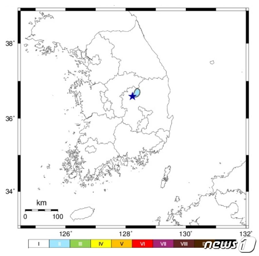 본문 이미지 - 기상청은 22일 오후 5시46분55초에 경북 문경시 동쪽 3㎞ 지역에서 규모 2.2의 지진이 발생했다고 밝혔다. (기상청 제공) ⓒ 뉴스1