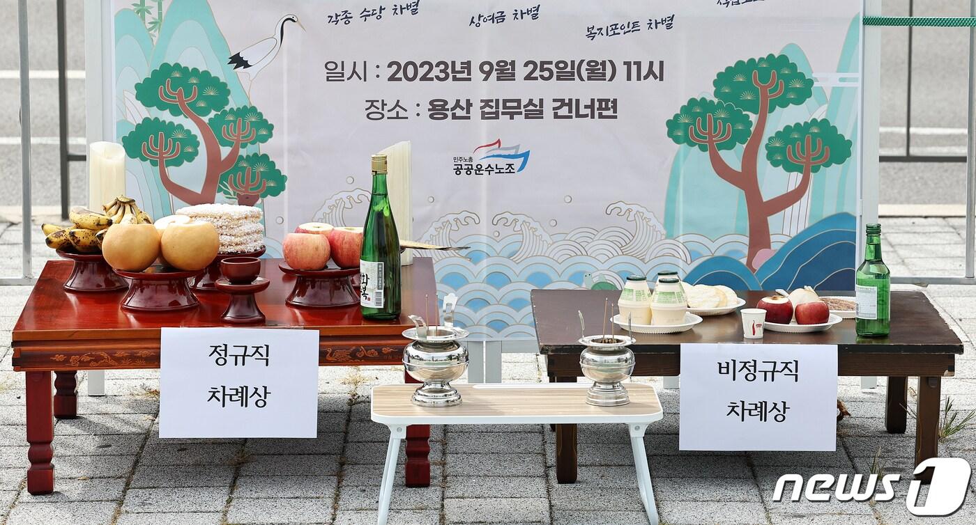 본문 이미지 - 25일 오전 서울 용산구 전쟁기념관 앞에서 열린 ‘같은 명절 다른 상여금, 같은 위험 다른 수당 : 공공부문 비정규직 차별 해소 촉구 기자회견’에서 정규직과 비정규직의 비교를 위한 차례상이 마련돼 있다. 2023.9.25/뉴스1 ⓒ News1 김진환 기자