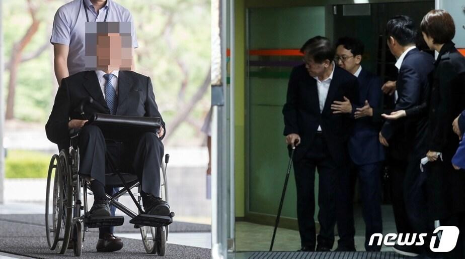 본문 이미지 - 몇 몇 정치인, 재벌, 고위관료들이 휠체어 혹은 들것에 실려 법원에 출석하는 예(왼쪽)가 종종 있었다. 이재명 대표는 26일 영장실질심사를 받기 위해 서울중앙지법에 지팡이를 짚은 채 출석했다. 걸음을 옮기던 도중 힘이 부친 듯 휘청거리자 민주당 의원들이 서둘러 부축했다. ⓒ 뉴스1 