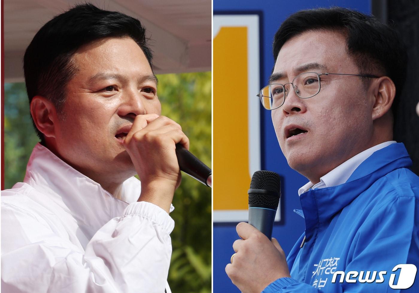 본문 이미지 - 강서구청장 보궐선거 공식 선거운동이 시작된 28일 오전 서울 강서구 일대에서 김태우 국민의힘 강서구청장 후보자(사진 왼쪽)와 진교훈 더불어민주당 강서구청장 후보자가 지지를 호소하고 있다. 2023.9.28/뉴스1 ⓒ News1 박지혜 기자