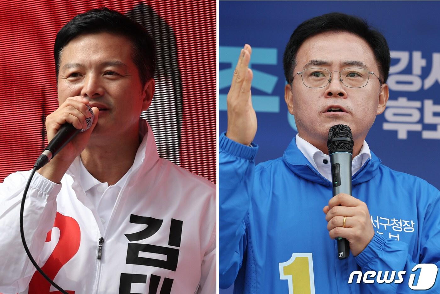 본문 이미지 - 강서구청장 보궐선거 공식 선거운동이 시작된 28일 오전 서울 강서구 일대에서 김태우 국민의힘 강서구청장 후보자(사진 왼쪽)와 진교훈 더불어민주당 강서구청장 후보자가 지지를 호소하고 있다. 2023.9.28/뉴스1 ⓒ News1 박지혜 기자