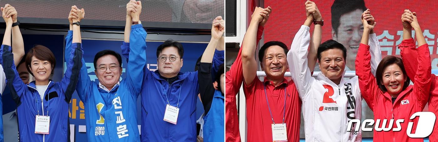 본문 이미지 - 강서구청장 보궐선거 공식 선거운동 기간이 시작된 28일 오전 강서구 화곡역 인근에서는 진교훈 더불어민주당 후보 선거대책위원회 출정식(사진 왼쪽)이 발산역 인근에서 김태우 국민의힘 후보 선거대책위원회 출정식(사진 오른쪽)이 진행되고 있다. 2023.9.28/뉴스1 ⓒ News1 박지혜 기자