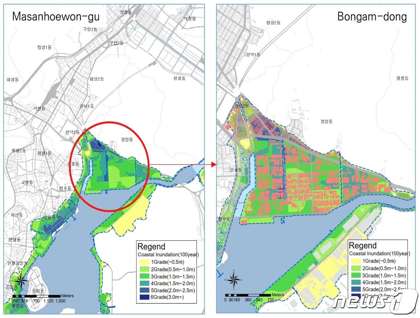 본문 이미지 - '기후변화에 따른 연안도시 공간 취약성 분석 연구 : 경상남도 연안도시를 중심으로' 연구 중 창원의 침수 예측 부분(한국기후변화학회 제공) ⓒ 뉴스1