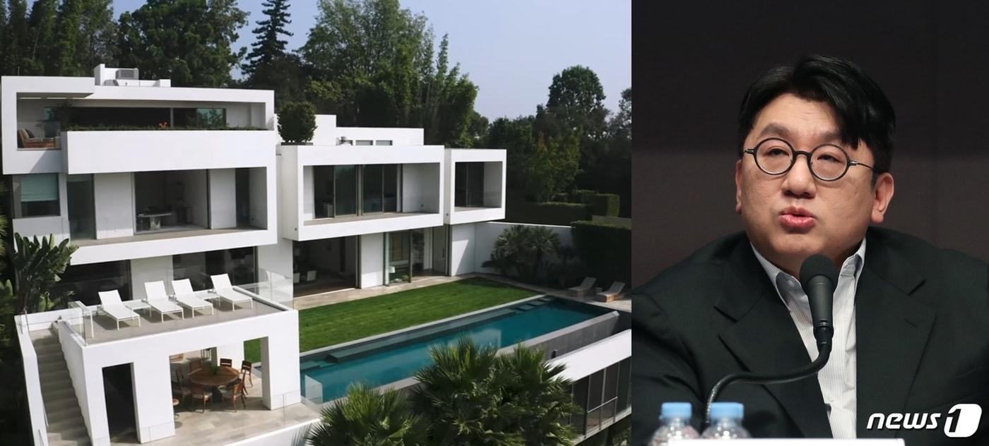 방시혁 하이브 의장과 그의 미국 LA 저택 전경. (유튜브 'Architectural Digest' 갈무리, ⓒ News1 DB)
