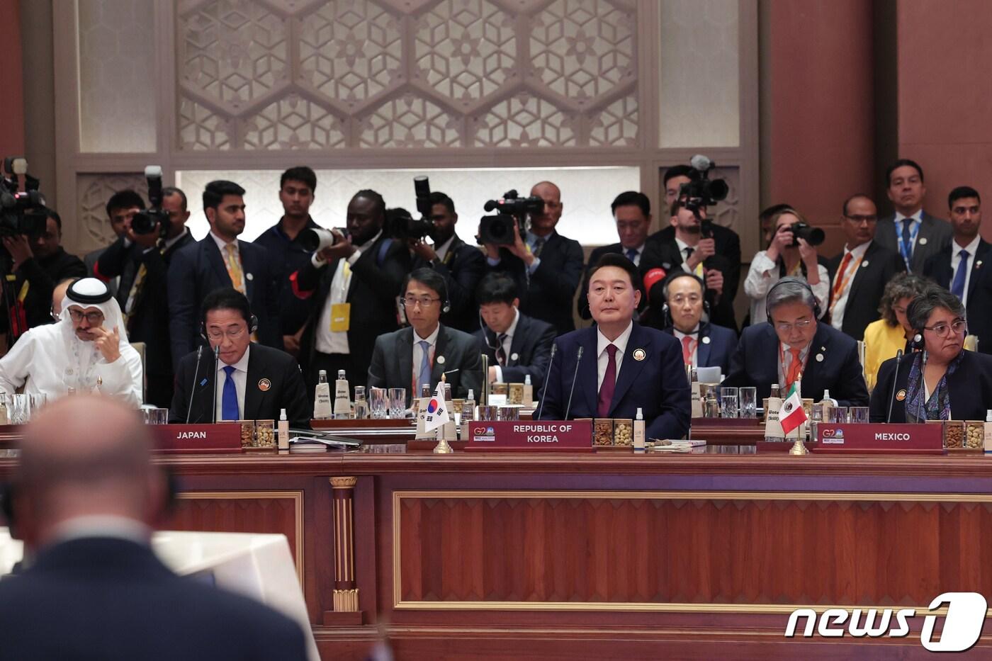 윤석열 대통령이 9일(현지시간) 뉴델리 바라트 만다팜 국제컨벤션센터에서 열린 G20 정상회의 '하나의 지구' 세션에 참석해 자리하고 있다. (대통령실 제공) 2023.9.9/뉴스1 ⓒ News1 오대일 기자