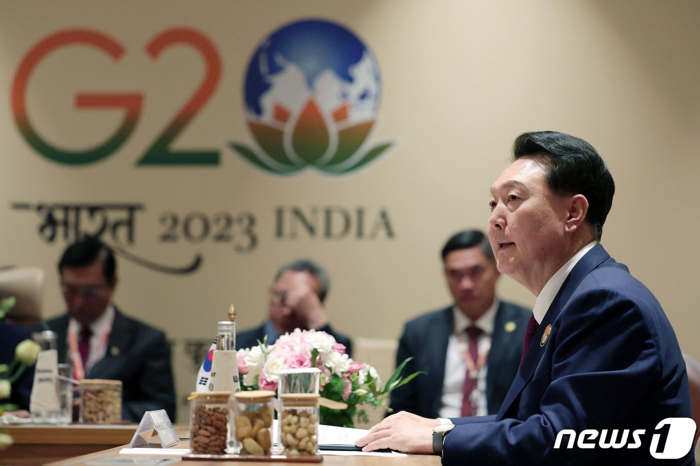 윤석열 대통령이 9일(현지시간) 뉴델리 바라트 만다팜 국제컨벤션센터에서 열린 한·믹타(MIKTA) 정상회동에서 발언하고 있다. (대통령실 홈페이지) 2023.9.9/뉴스1 ⓒ News1 오대일 기자