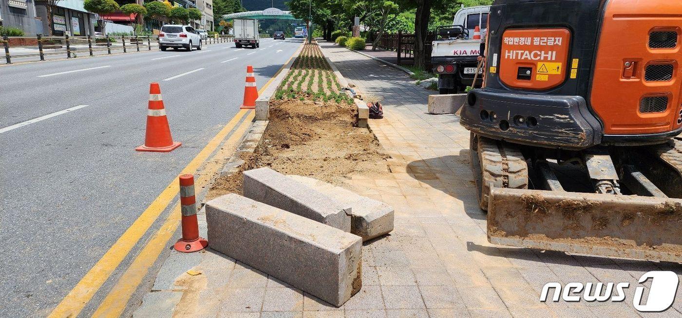 교통사고 유발 민원이 제기된 단양군 상진리 도로변 화단.(단양군 제공).2024.1.14/뉴스1