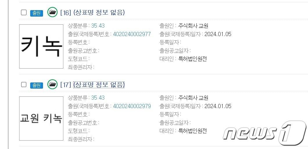 본문 이미지 - 15일 특허정보검색서비스에 지난 5일 상표 출원을 마친 교원키녹과 키녹이 올라와 있다. (키프리스 갈무리)