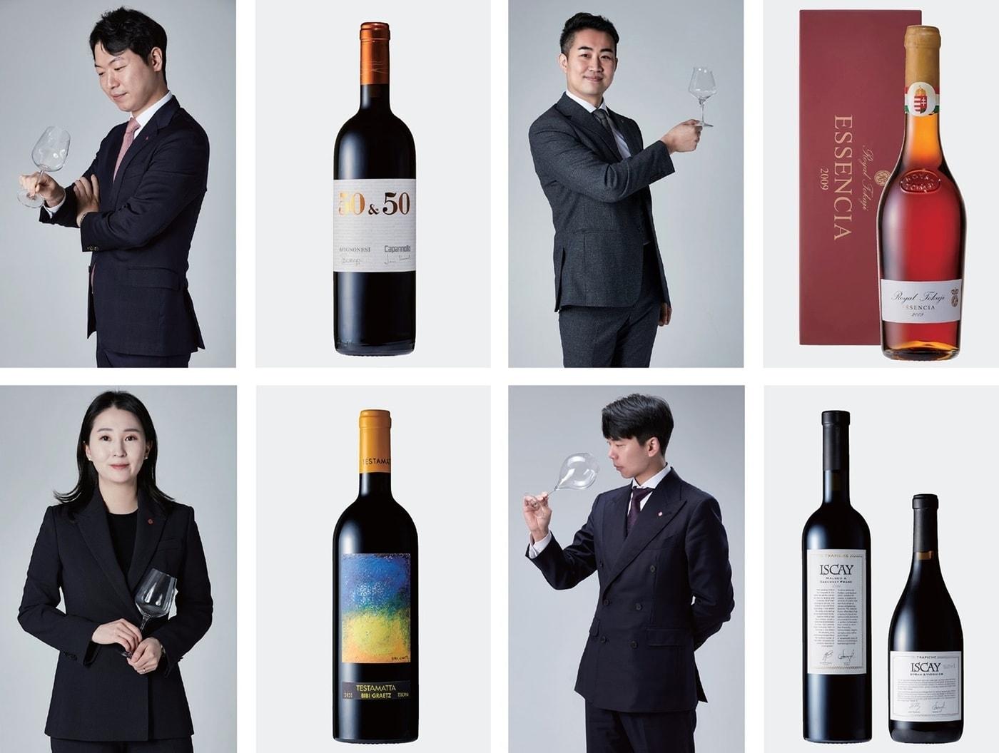 본문 이미지 - 롯데백화점 소믈리에들과 추천 와인 모음. 윗줄 왼쪽부터 시계방향으로 경민석 소믈리에, 최준선 소믈리에, 김민재 소믈리에, 한희수 소믈리에(롯데쇼핑 제공)