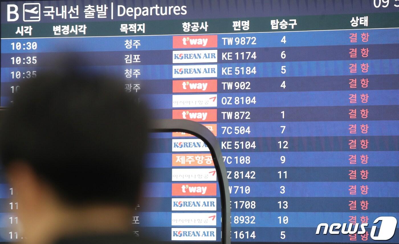 23일 오전 제주국제공항 국내선 출발장 전광판에 결항 안내가 뜨고 있다. 2024.1.23/뉴스1 ⓒ News1 오현지 기자